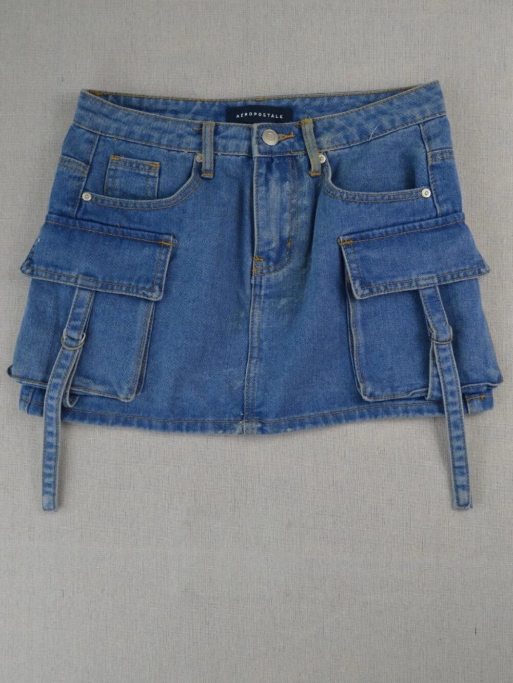 Aeropostale Womens Blue Denim Jean Cargo Mini Skirt Buckle Flap Utility Pockets